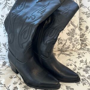 Black Knee High Western Cowboy Boots Flame Stitch Embroidery Zip Pointed Toe 7